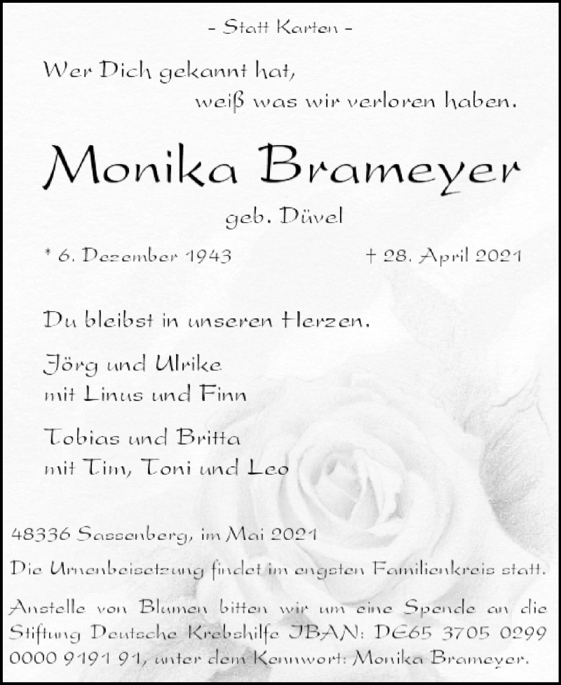  Traueranzeige für Monika Brameyer vom 01.05.2021 aus Die Glocke