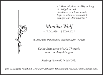 Traueranzeige von Monika Wolf von Die Glocke