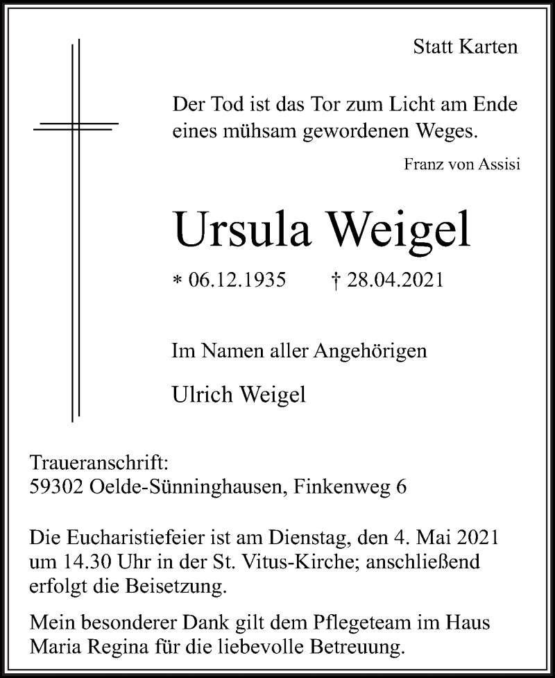  Traueranzeige für Ursula Weigel vom 01.05.2021 aus Die Glocke