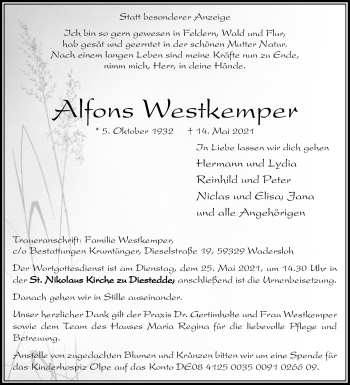 Traueranzeige von Alfons Westkemper von Die Glocke