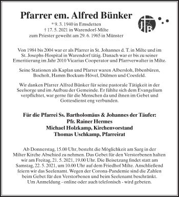 Traueranzeige von Alfred Bünker von Die Glocke