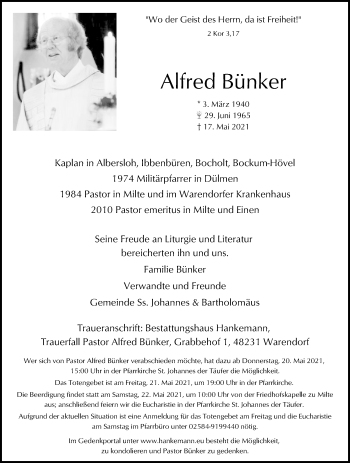 Traueranzeige von Alfred Bünker von Die Glocke