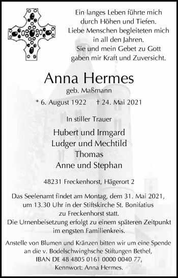 Traueranzeige von Anna Hermes von Die Glocke