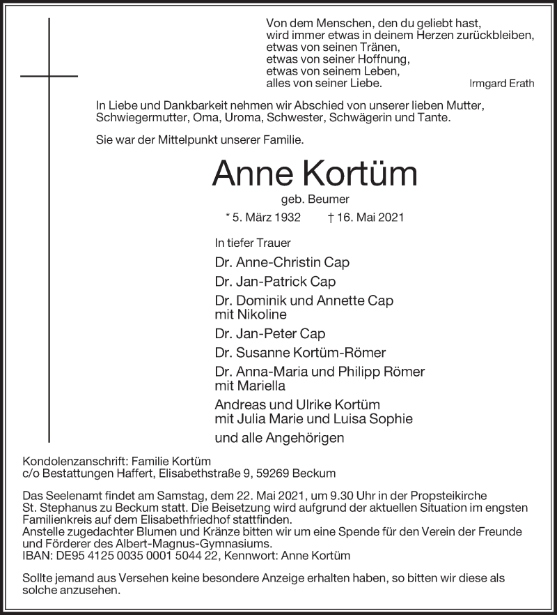  Traueranzeige für Anne Kortüm vom 19.05.2021 aus Die Glocke