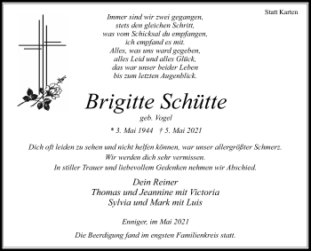 Traueranzeige von Brigitte Schütte von Die Glocke