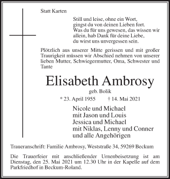 Traueranzeige von Elisabeth Ambrosy von Die Glocke