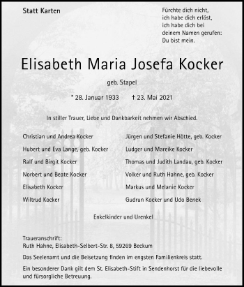 Traueranzeige von Elisabeth Maria Josefa Kocker von Die Glocke