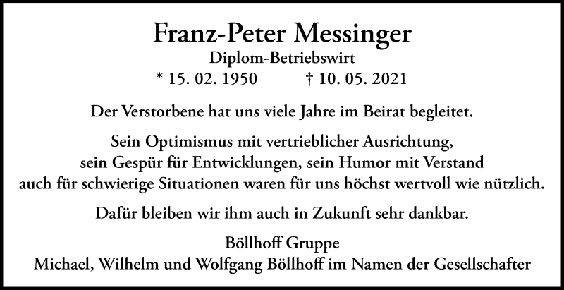  Traueranzeige für Franz-Peter Messinger vom 13.05.2021 aus Die Glocke