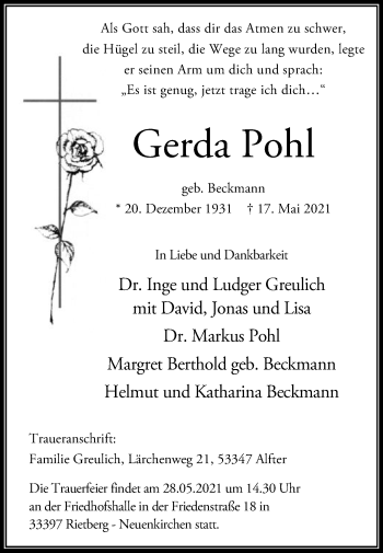 Traueranzeige von Gerda Pohl von Die Glocke