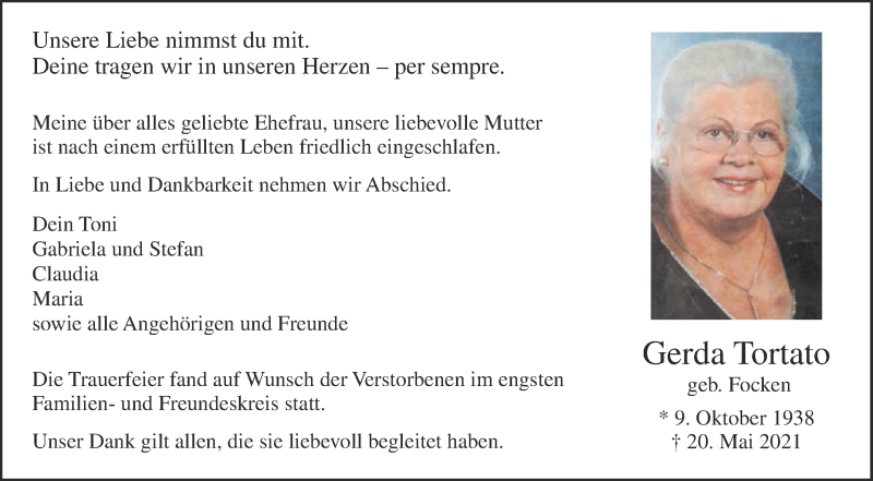  Traueranzeige für Gerda Tortato vom 28.05.2021 aus Die Glocke