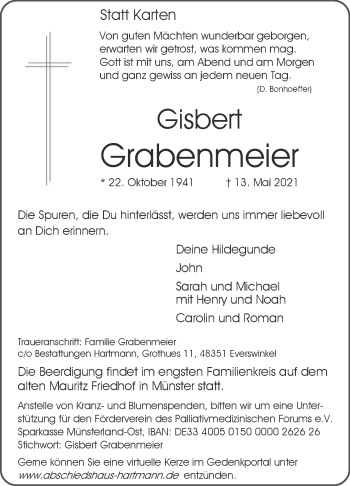 Traueranzeige von Gisbert Grabenmeier von Die Glocke