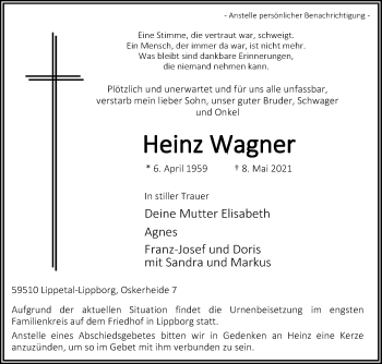 Traueranzeige von Heinz Wagner von Die Glocke