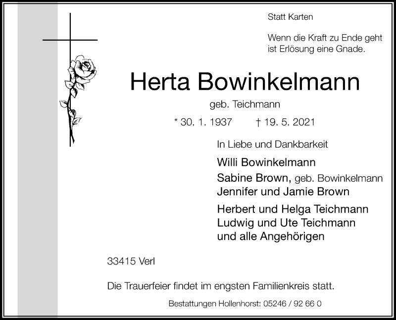  Traueranzeige für Herta Bowinkelmann vom 29.05.2021 aus Die Glocke