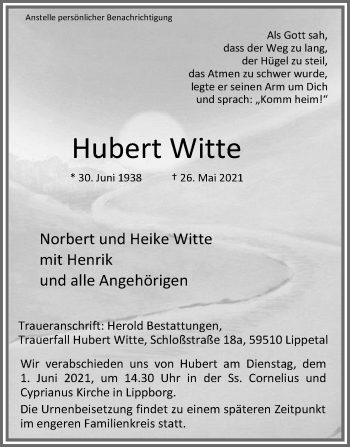 Traueranzeige von Hubert Witte von Die Glocke