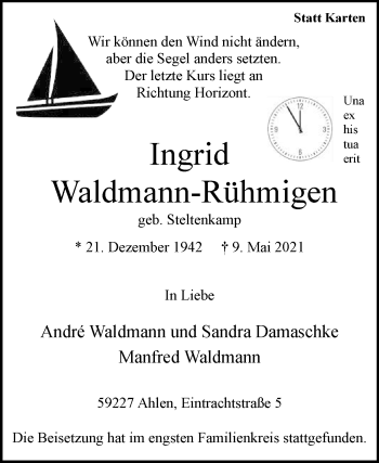 Traueranzeige von Ingrid Waldmann-Rühmigen von Die Glocke