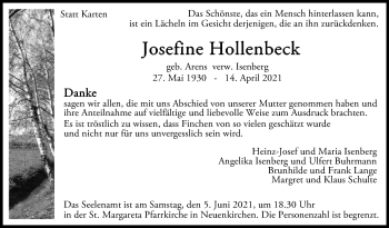 Traueranzeige von Josefine Hollenbeck von Die Glocke