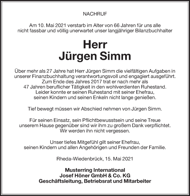  Traueranzeige für Jürgen Simm vom 15.05.2021 aus Die Glocke