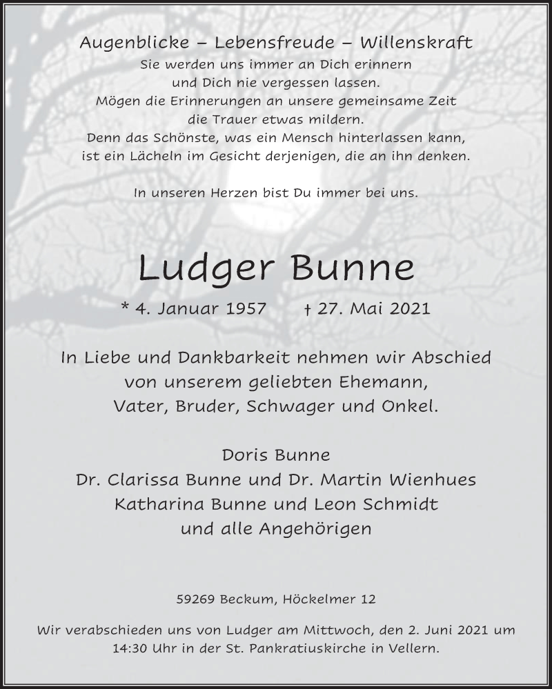  Traueranzeige für Ludger Bunne vom 31.05.2021 aus Die Glocke