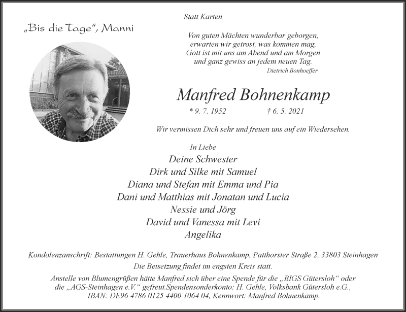  Traueranzeige für Manfred Bohnenkamp vom 11.05.2021 aus Die Glocke
