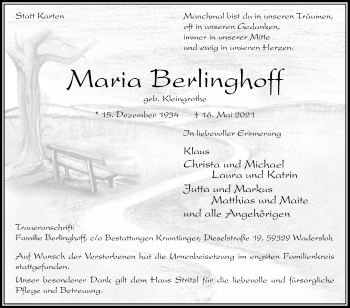 Traueranzeige von Maria Berlinghoff von Die Glocke