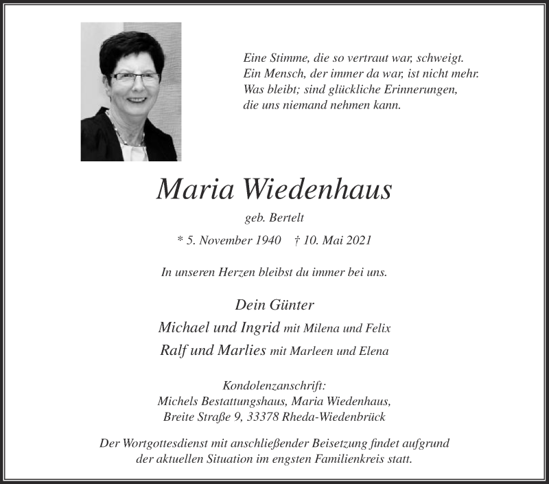  Traueranzeige für Maria Wiedenhaus vom 15.05.2021 aus Die Glocke