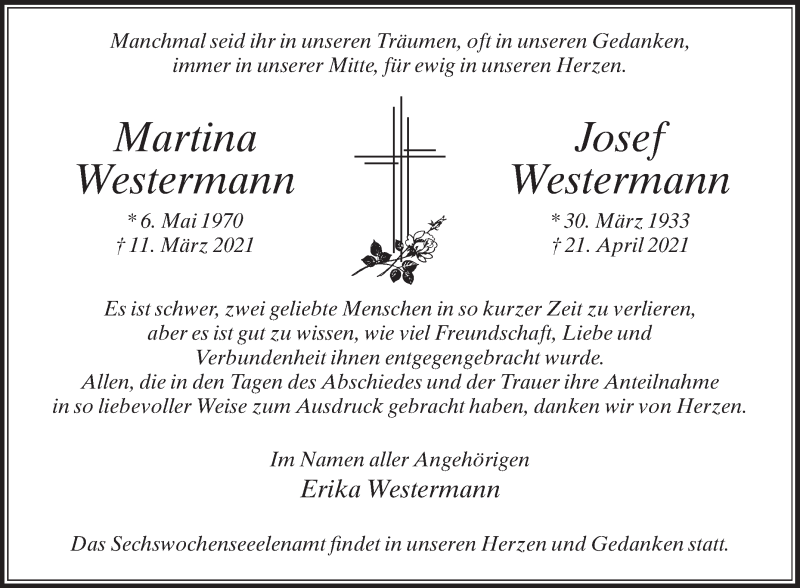  Traueranzeige für Martina Westermann vom 22.05.2021 aus Die Glocke