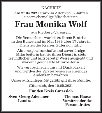 Traueranzeige von Monika Wolf von Die Glocke