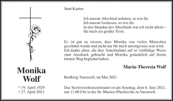Traueranzeige von Monika Wolf von Die Glocke