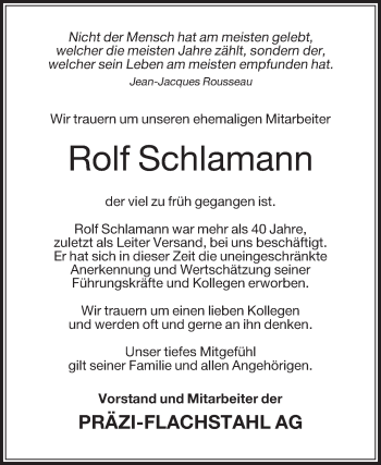 Traueranzeige von Rolf Schlamann von Die Glocke