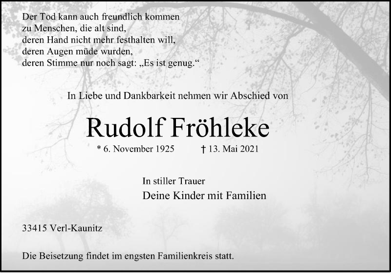  Traueranzeige für Rudolf Fröhleke vom 17.05.2021 aus Die Glocke