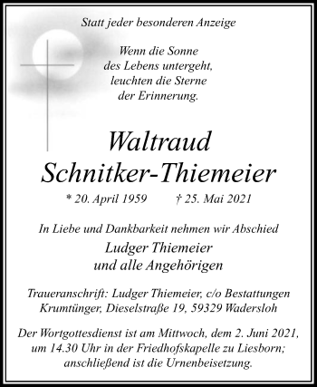 Traueranzeige von Waltraud Schnitker-Thiemeier von Die Glocke