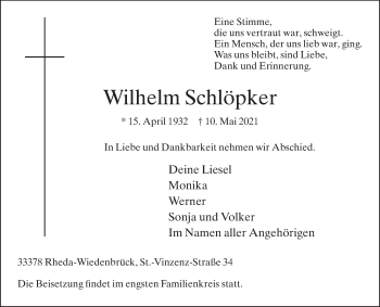Traueranzeige von Wilhelm Schlöpker von Die Glocke