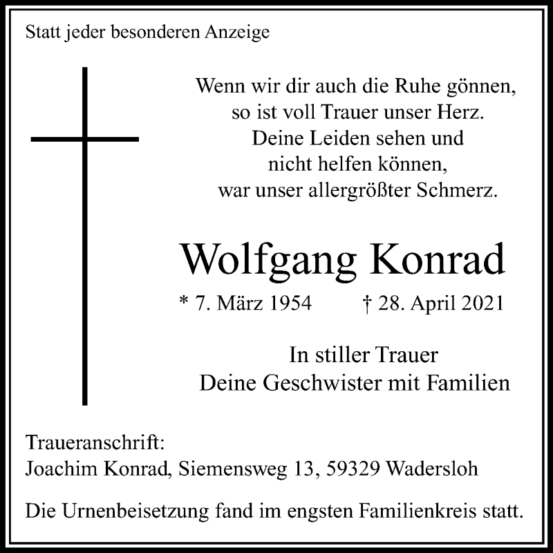  Traueranzeige für Wolfgang Konrad vom 13.05.2021 aus Die Glocke