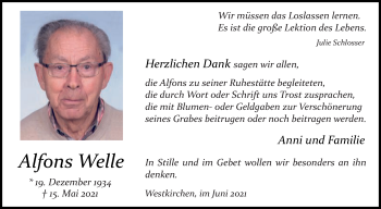 Traueranzeige von Alfons Welle von Die Glocke