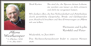 Traueranzeige von Alfons Westkemper von Die Glocke