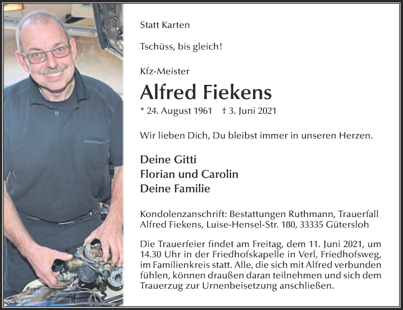  Traueranzeige für Alfred Fiekens vom 08.06.2021 aus Die Glocke