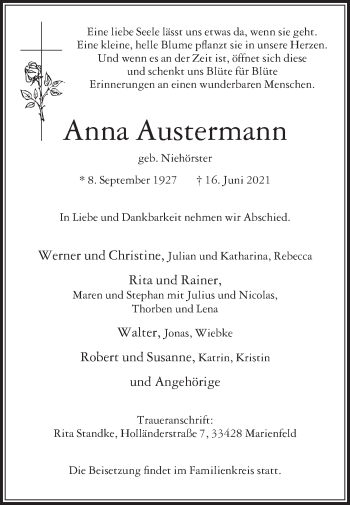 Traueranzeige von Anna Austermann von Die Glocke