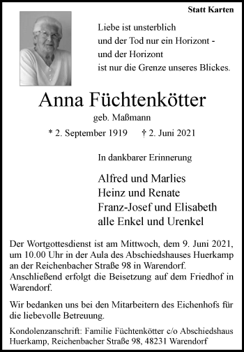 Traueranzeige von Anna Füchtenkötter von Die Glocke