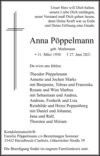 Traueranzeige von Anna Pöppelmann von Die Glocke