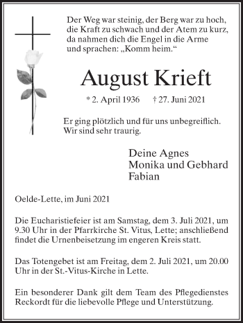 Traueranzeige von August Krieft von Die Glocke