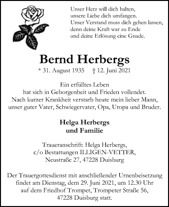 Traueranzeige von Bernd Herbergs von Die Glocke