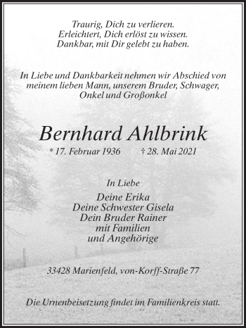 Traueranzeige von Bernhard Ahlbrink von Die Glocke