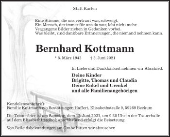 Traueranzeige von Bernhard Kottmann von Die Glocke