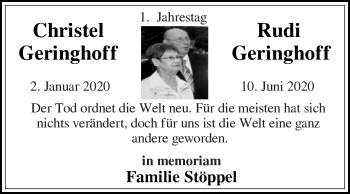 Traueranzeige von Christel Geringhoff von Die Glocke