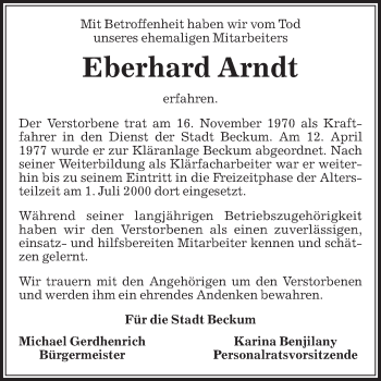 Traueranzeige von Eberhard Arndt von Die Glocke