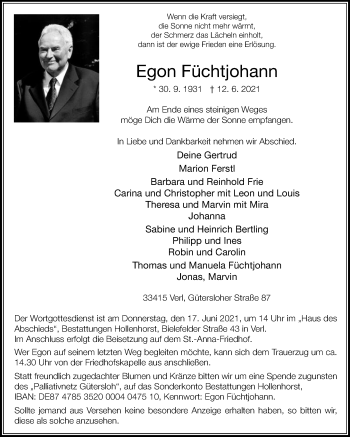 Traueranzeige von Egon Füchtjohann von Die Glocke