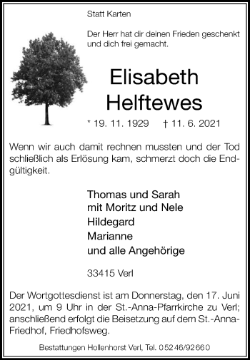 Traueranzeige von Elisabeth Helftewes von Die Glocke
