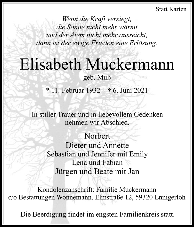  Traueranzeige für Elisabeth Muckermann vom 12.06.2021 aus Die Glocke