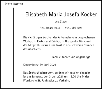 Traueranzeige von Elisabeth Maria Josefa Kocker von Die Glocke