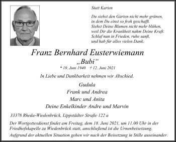 Traueranzeige von Franz Bernhard Eusterwiemann von Die Glocke
